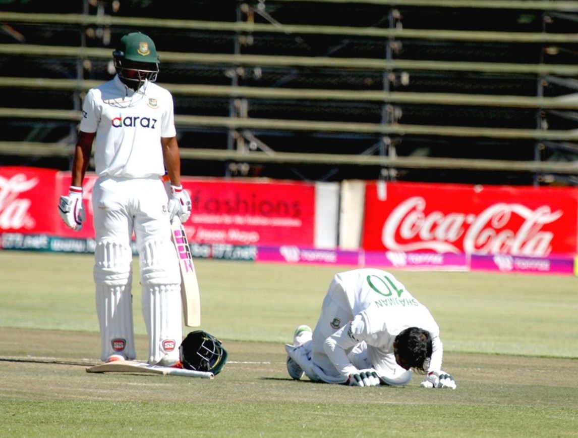 Shadman Islam celebrates his maiden Test century.